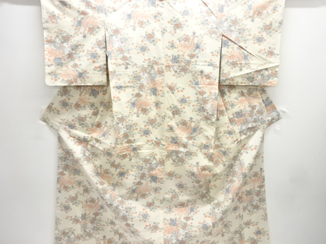 未使用品　孔雀に花模様織り出し手織り紬着物